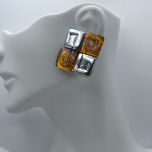 Vintage Mod Geometric Checkerboard Clip-On Earrings - Silver & Amber Resin